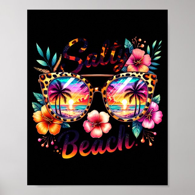 Poster Praia salgada flores tropicais óculos de sol leopa (Frente)