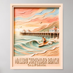 Poster Praia Surfrider Malibu Surfando 3D Texturizado Vin