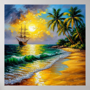 Poster Praia Tropical ao Nascer do Sol com um Navio à Vel
