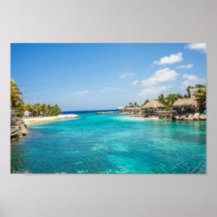 Poster Praia Tropical Azul Gemida com Huts Atchados
