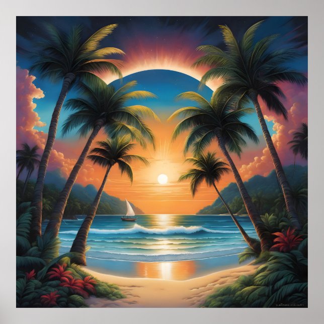 Poster Praia tropical com palmeiras (Frente)