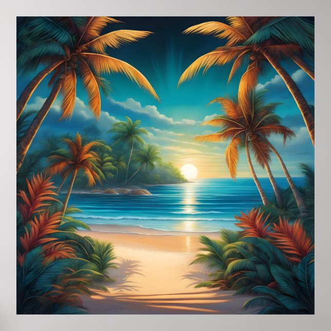 Poster Praia tropical com palmeiras (Frente)