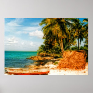 Poster Praia tropical sonhadora com barco a remos