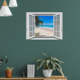 Pôster Praia Tropical Vista de Janela Falsa 3D