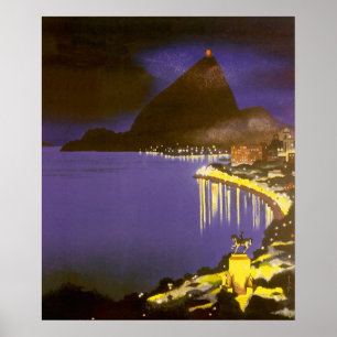 Pôster Praia Vintage à Noite no Rio De Janeiro, Brasil