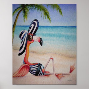 Poster Praia Whimsical Babe Flamingo 1 Watercolor 8x10