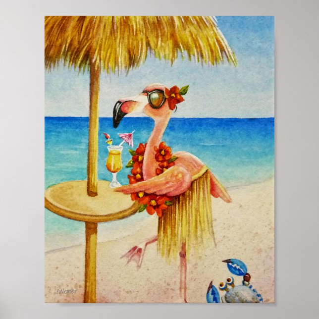 Poster Praia Whimsical Babe Flamingo 4 Watercolor 8x10 (Frente)