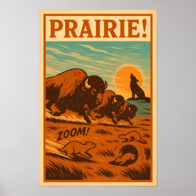 Poster Prairie Stampede - Bison, Prairie Dogs (Frente)