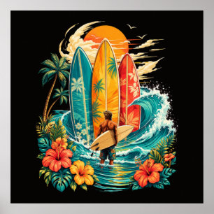 Poster Prancha de Surf da Onda da Praia Havaiana Vintage