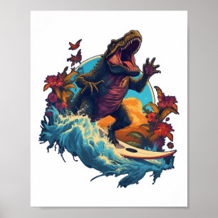 Poster Prancha de Surf de Dinossauro Praia Surf Dinossaur