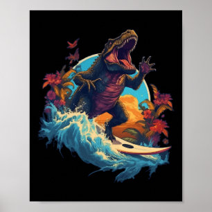 Poster Prancha de Surf de Dinossauro Praia Surfista Camis