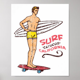 Poster Prancha de Surf Retro Vintage Cayucos Surfboard 60