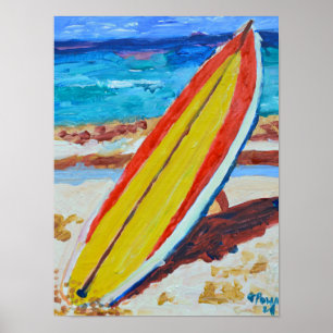 Poster Prancha de Surf Vermelha e Amarela na Praia Arenos