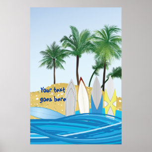 Poster Prancha em uma praia tropical com palmeiras