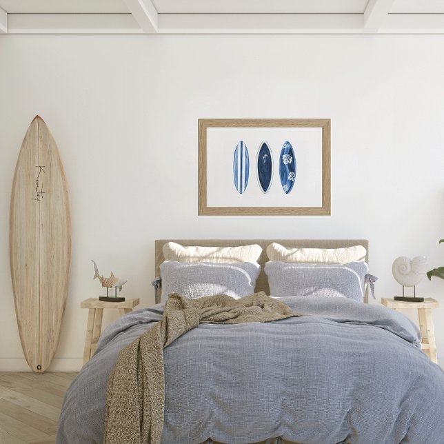 Poster Pranchas de Surf Azul Aquarela Surfs Up (Surfboards art poster)