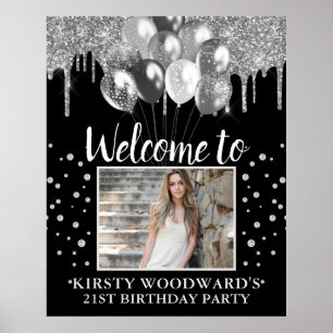 Poster Prata Brilhante com Balões de Aniversário