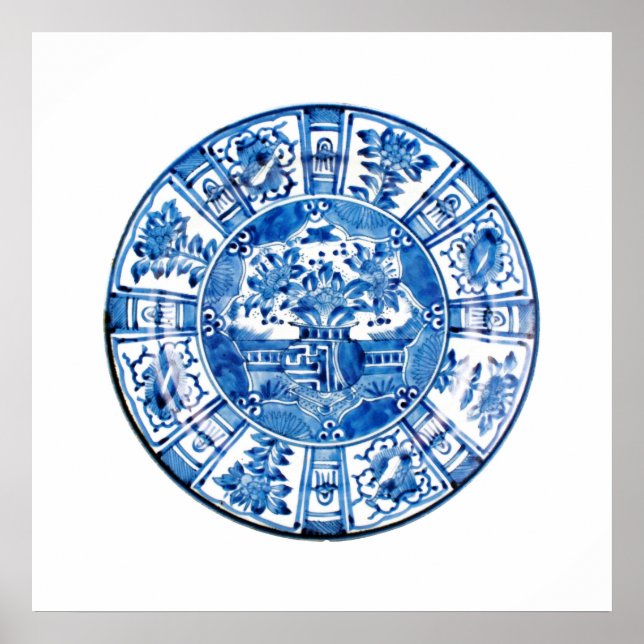 Poster Prata Chinesa Antiga, Flor Azul Vase (Frente)