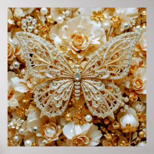 Poster Prata de Arte Decorativa e Dourada - Borboletas #1
