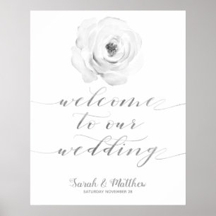 Poster Prata Floral Negra Bem-Vindo Ao Nosso Casamento
