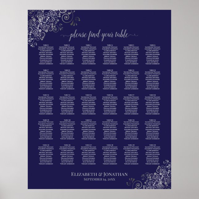 Poster Prata no Gráfico Marinho Azul 30 Mesa de Casamento (Frente)