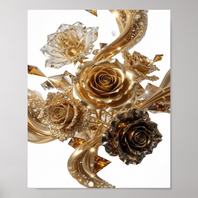 Poster Prateado da Moda ROSAS Douradas E DIAMANTES (Frente)