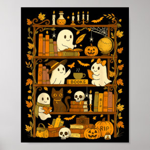 Poster Prateleira de Livros Retro Gato Preto Halloween Fa