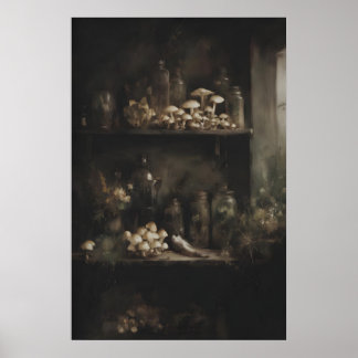 Poster Prateleiras Cheias de Cogumelos e Garrafas Antigas