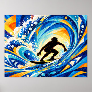 Poster Praticante de Surfe Montado Dentro da Silhueta do