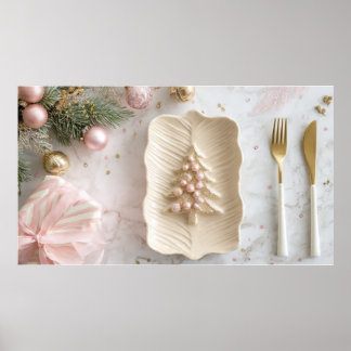 Poster Prato de Natal Rosa em Mesa Festiva – Decoração de