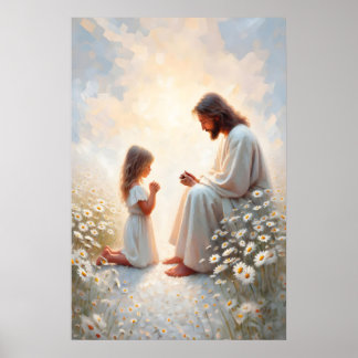 Poster Pray With Me Jesus and Girl Painting Christian