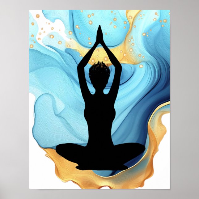 Poster Prayer Pose Yoga mulher Azul Dourado cabelo ruivo (Frente)