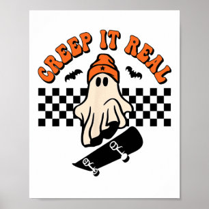 Poster Prega-te no Skateboard Retro Halloween Ghost