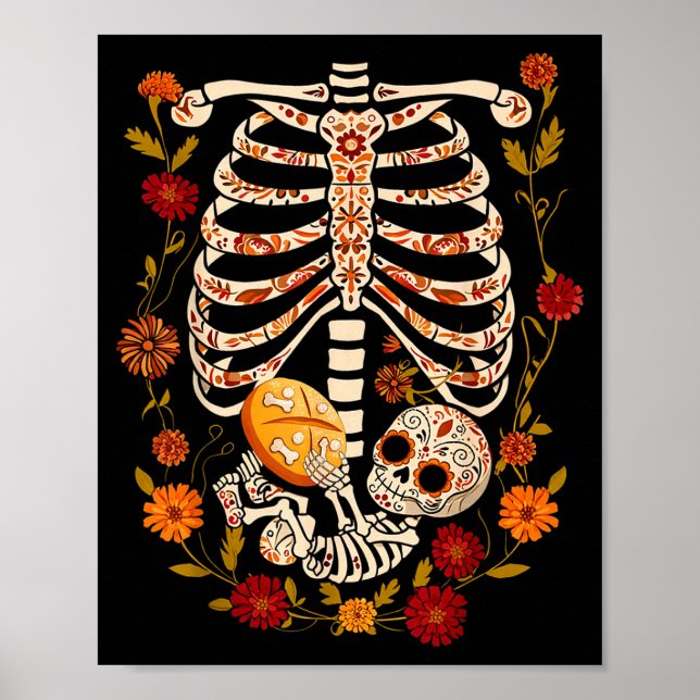 Poster Pregnancy Skeleton Dia De Los Muertos Mexican Bell (Frente)