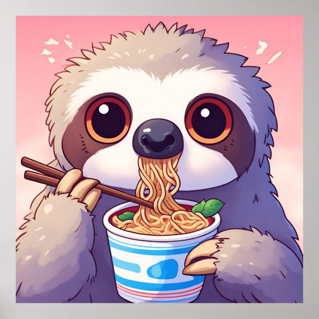 Poster Preguiça Adorável Comendo Ramen (Frente)