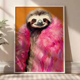 Poster Preguiça com Estampa de Moda Animal em Pelo Rosa