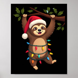 Poster Preguiça de Luzes de Natal Usando Chapéu de Natal 