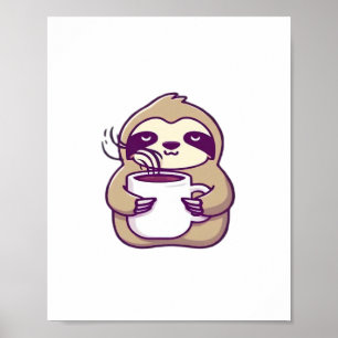 Poster Preguiça Kawaii Chibi com Caneca de Café � Arte de