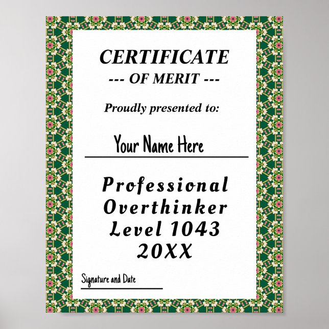 Poster Prêmio de certificado de overpensador profissional (Frente)