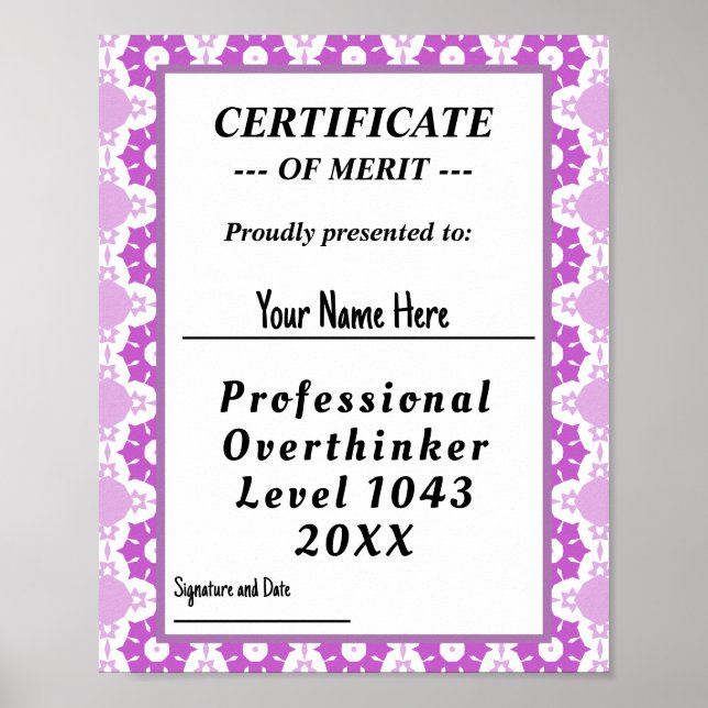 Poster Prêmio de certificado de overpensador profissional (Frente)