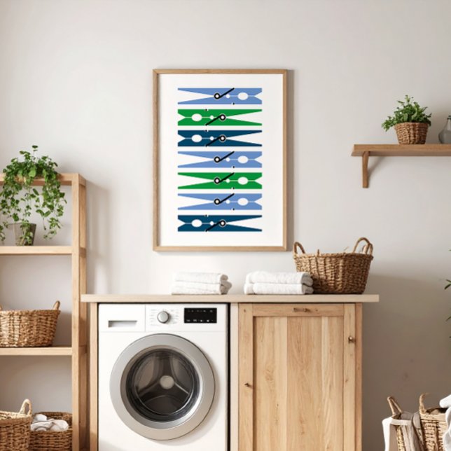 Poster Preparar roupas verdes azuis Pinos para lavar roup (preppy blue green and white modern graphic clothes pins art for a fun laundry room)