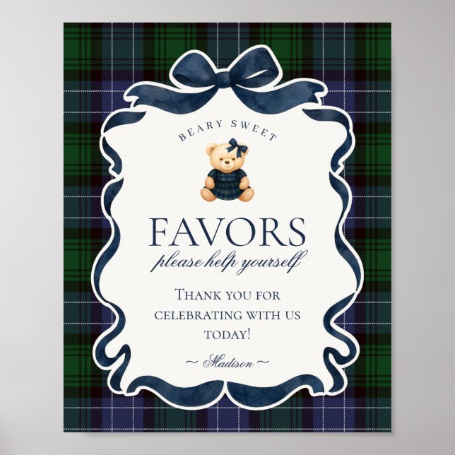 Poster Preppy Coquette Bow Bear Plaid Party Favors Sign (Frente)
