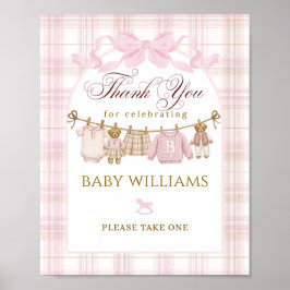 Poster Preppy Teddy Bear Girl Baby Shower Plaid Bow Favor