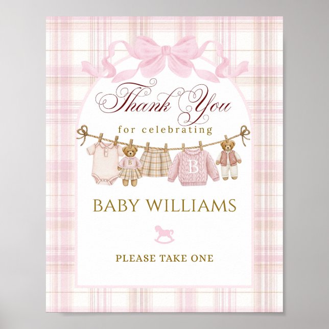 Poster Preppy Teddy Bear Girl Baby Shower Plaid Bow Favor (Frente)