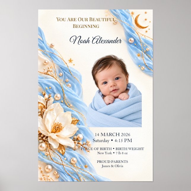 Poster Presente de Nascimento de Bebê Foto Lua Azul Doura (Frente)
