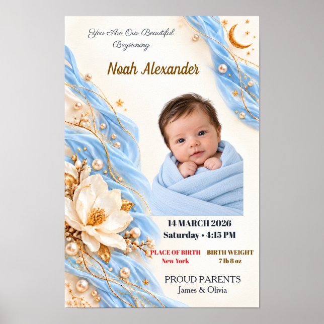 Poster Presente de Nascimento de Bebê Lua Azul Dourada Fo (Frente)