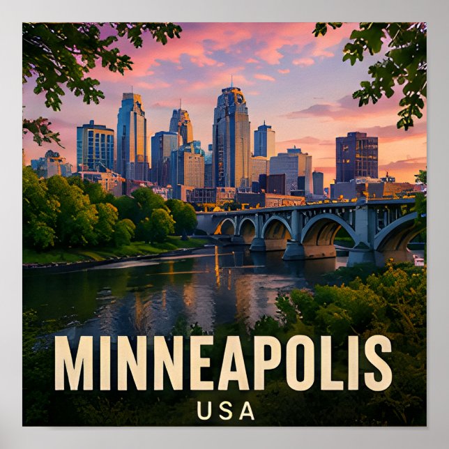 Poster Presente de Viagem Minneapolis Minnesota Rio Cidad (Frente)