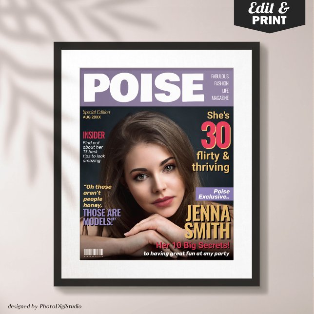 Poster Presente do aniversário de 30 anos Modelo da Poise (Custom Poise Magazine Cover Template, Thirty Flirty & Thriving 30th Birthday Poster Gift )