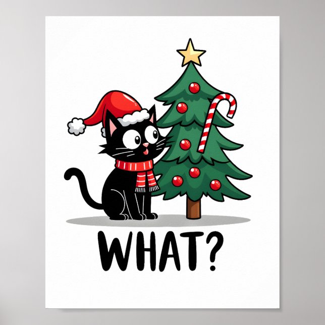 Poster Presente engraçado de gato preto derrubando árvore (Frente)