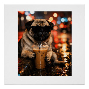 Pôster Presente Engraçado para Amante de Pug Bebendo Café
