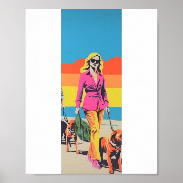 Poster Presente estilo popart, passeio de cão na praia (Frente)